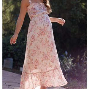 Pinkblush Lovestitch Cream Floral Shimmer Lace-Up Maternity Maxi Dress